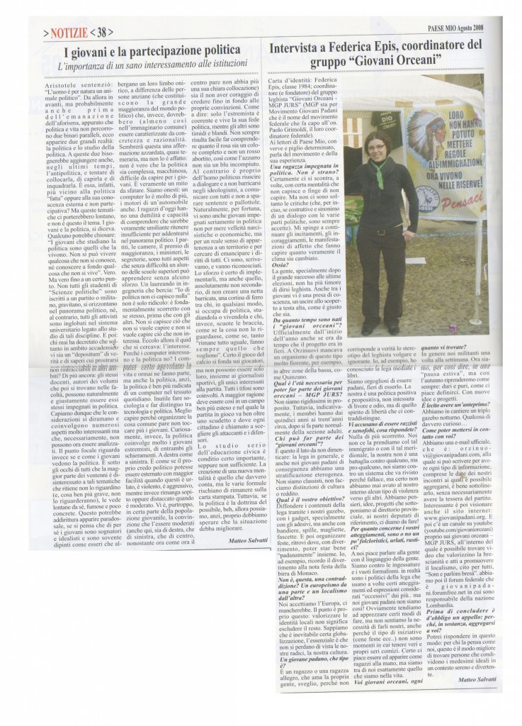 Intervista a PaeseMio Orzinuovi del 2008 a seguito della fondazione del Gruppo dei Giovani Padani a Orzinuovi